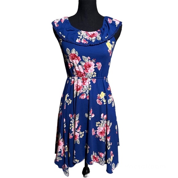 Zunie Blue Floral Jersey Knit Stretch Dress Women's L Large - Picture 1 of 8